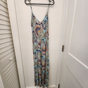 Tropical Paisley Sleeveless Wide Leg Jumpsuit with Cork Look Buttons